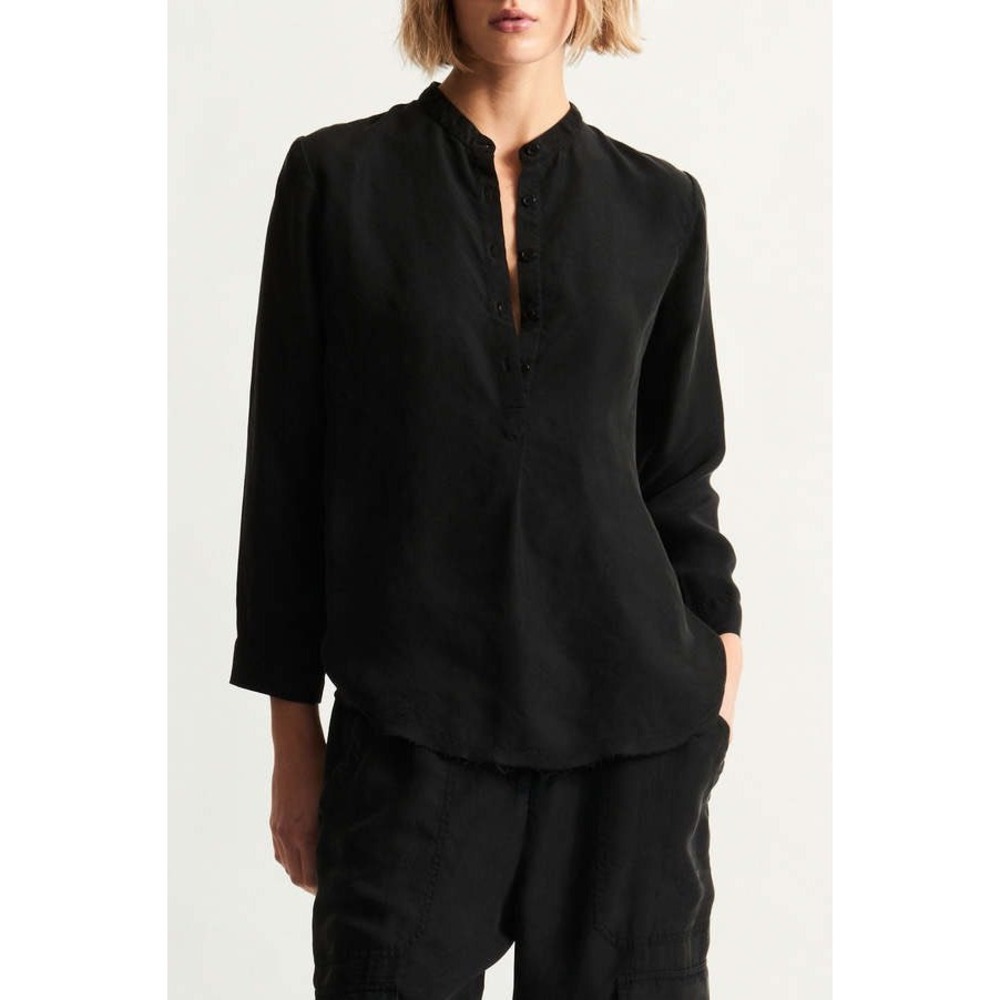 Raquel Allegra Black Frayed Hem Band Collar V-Neck Blouse Size 2
